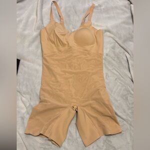 Mid-Thigh Sleeveless V-Neck Sculpt Compression Bodysuit nude